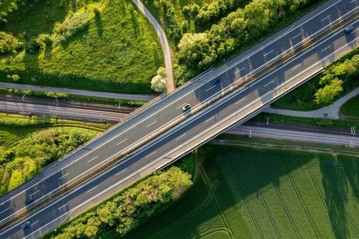 Aerial view of a newly completed highway bridge