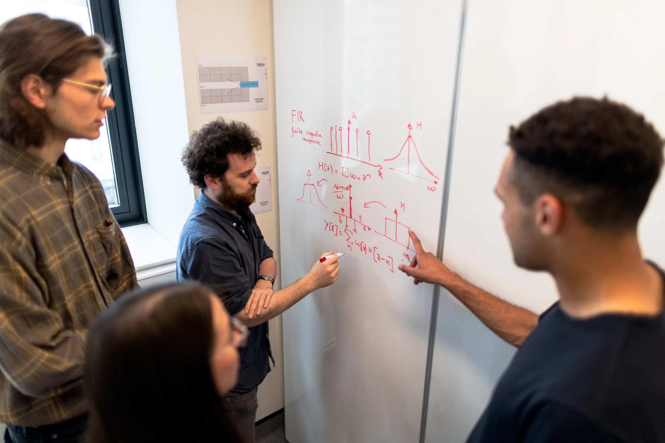 Engineering team rehearsing a technical explanation at a whiteboard